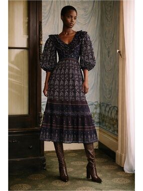 Sea New York | Nadine Border Cottage Core Smocked Puff Sleeve Ruffle Dress US 2